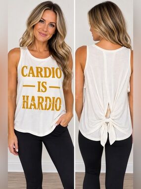 Ing White Tie-Back Tank with Cold Shoulder & Mustard Graphic Text Size Small NWT